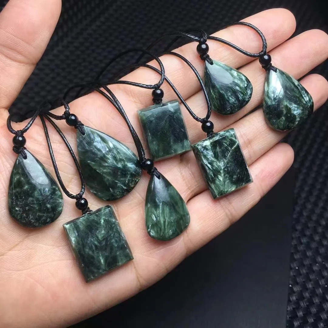 Unit One Piece Natural Green Seraphinite Gemstone Crystal Random Shaped Pendant With Leather Rope