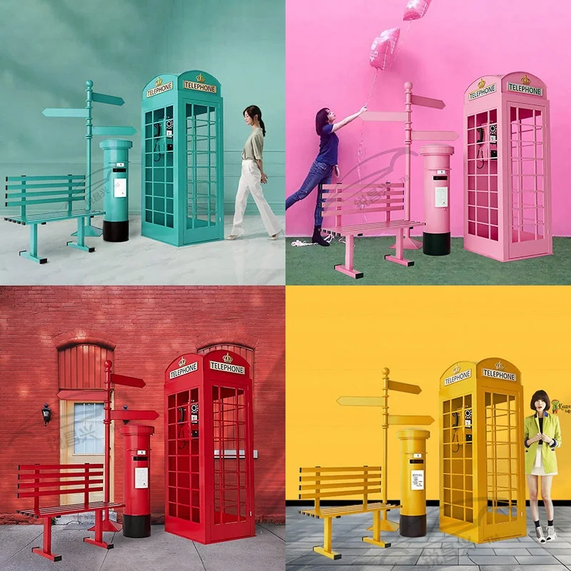 Vintage London Phone Booth Set British Style Red Phone Booth With Mailbox Bench Photo Props Suitable For Wedding Event Decoratio
