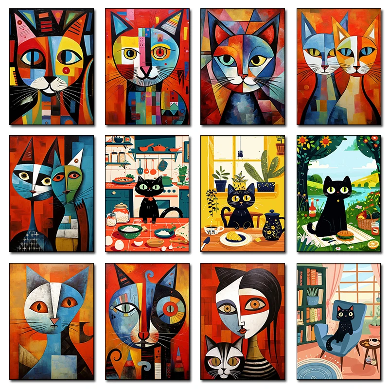 1pc frameless Canvas Painting Abstract Picasso Style Cats Poster Print Colorful Black Cat Breakfast Art Modern Wall for Living R