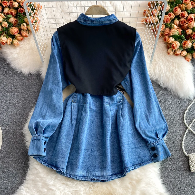 2024 Autumn Blue Denim Dresses 2 Pcs Set Vintage Turn Down Collar Long Sleeve Shirt Dress+Black Vest Lady Commuter Suit