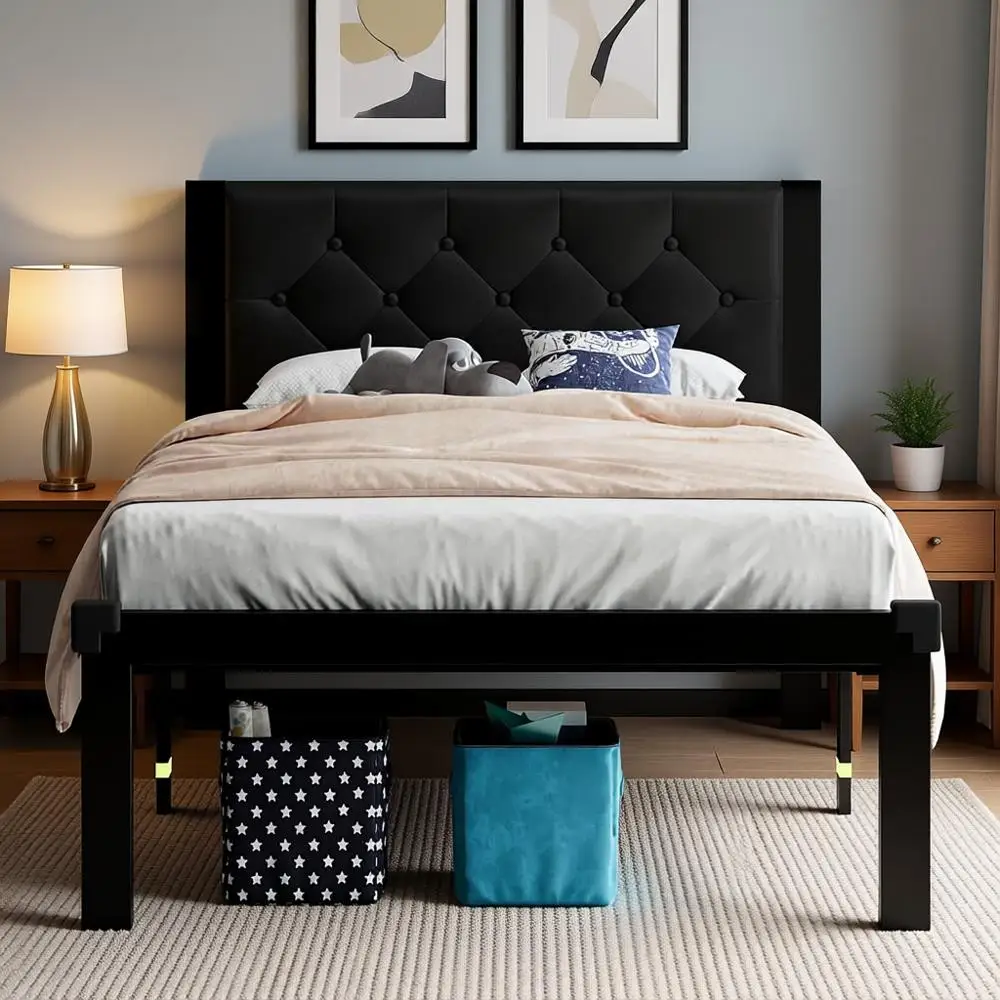 

Металлическая кровать размера Twin с изголовьем из кожи с кожаной обивкой на пуговицах, 12 мест для хранения, стальная решетка, не требует пружинного блока, тихая, черная.