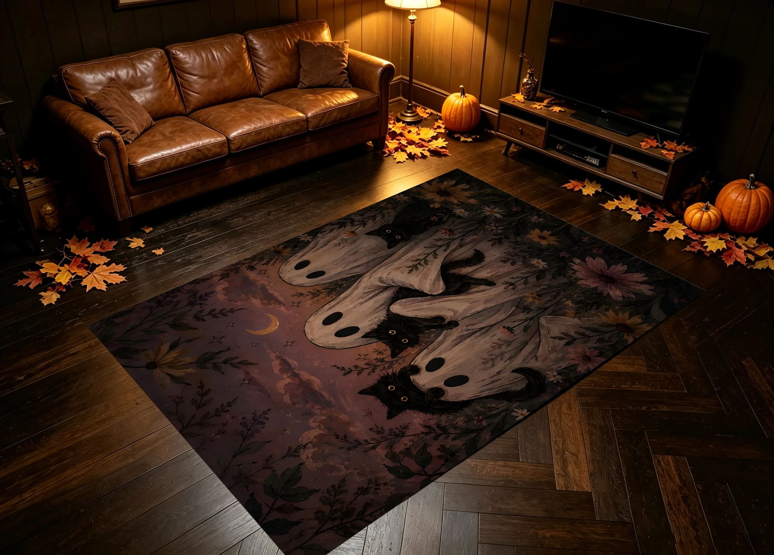 Velvet Rug Ghostly Black Cat Twilight Flower Crescent Retro Dark Style for Entryway Bedroom Bedside Decor
