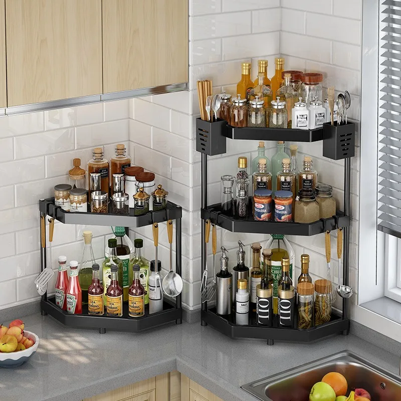 Spice Racks Kitchen Corner Multi-layer Shelf Punching-free Triangle Rack Stainless Steel Seasoning Holder Corner Storage Rack