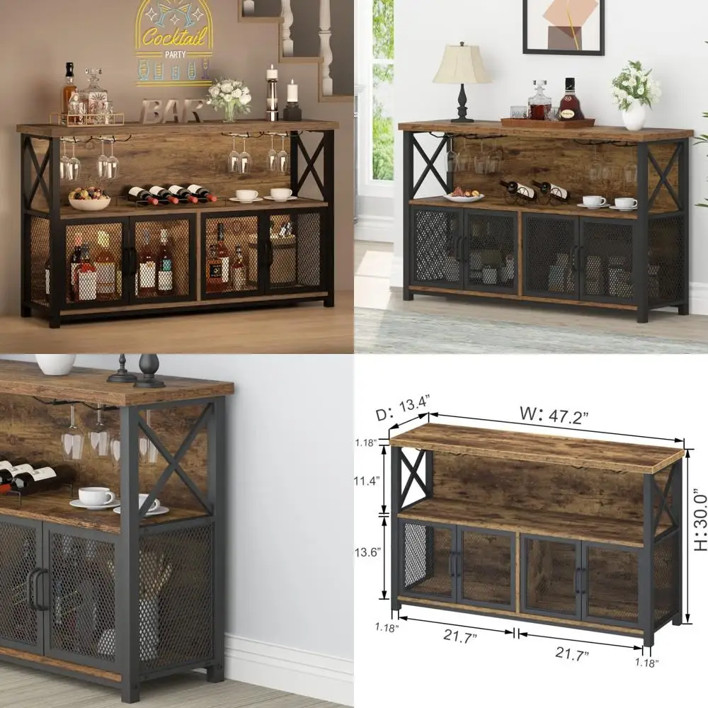 industrial farmhouse style bar cabinet with metal and wood, ideal for liquor and glassware storage