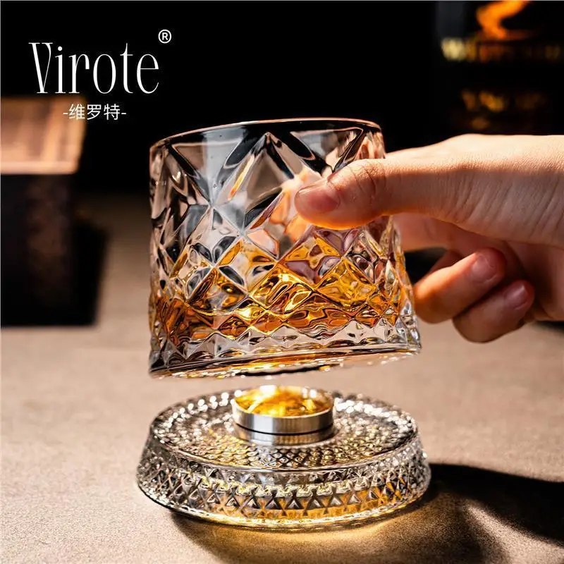 Nuevo Vaso Giratorio para Whisky 2026 con Base de Cristal, Rotación de 360 Grados, Vaso de Cristal para Ron, Ideal para Cócteles y Fiestas