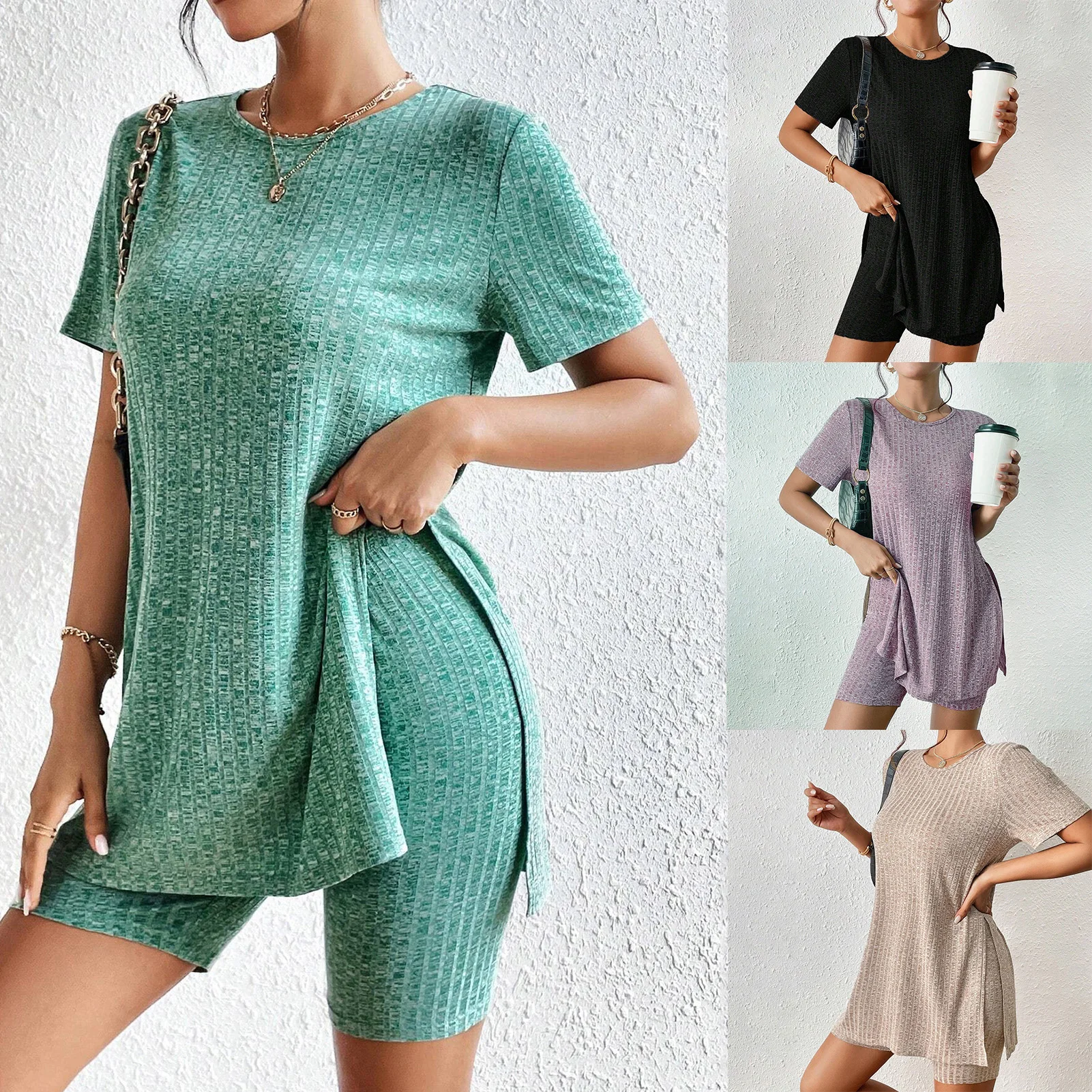 Women Female Ribbed Knit Matching Outfits Solid Color T-shirt Biker Shorts Side Slit Sleepwear Sweatsuits Crew Neck Daily Outfit