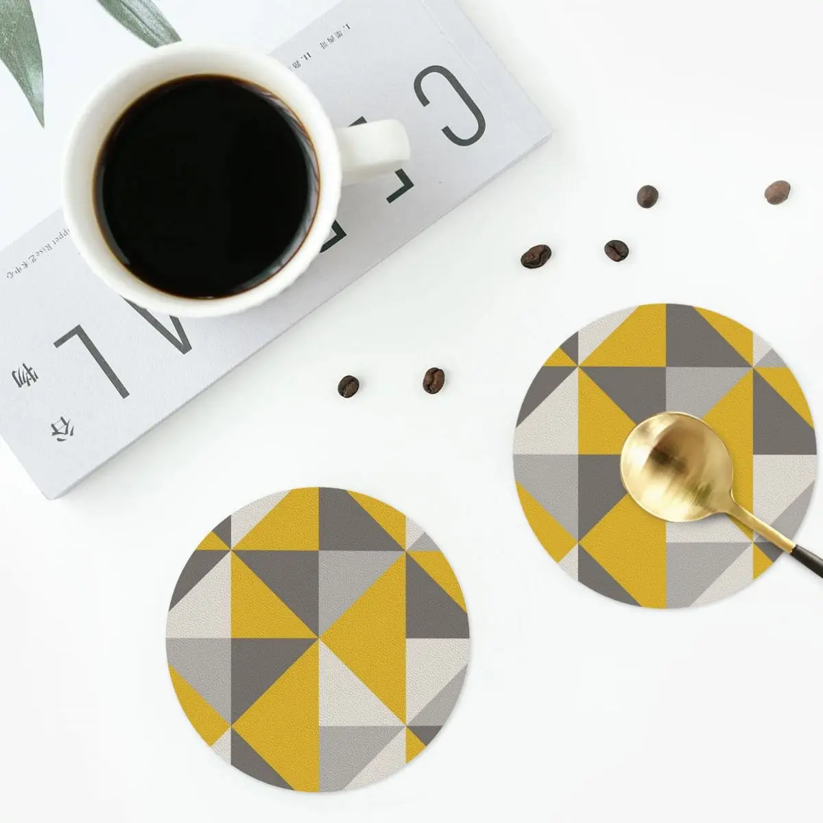 Triangle Design In Yellow And Grey Coasters Leather Placemats Non-slip Insulation Coffee Mat Kitchen Dining Pads Set of 4