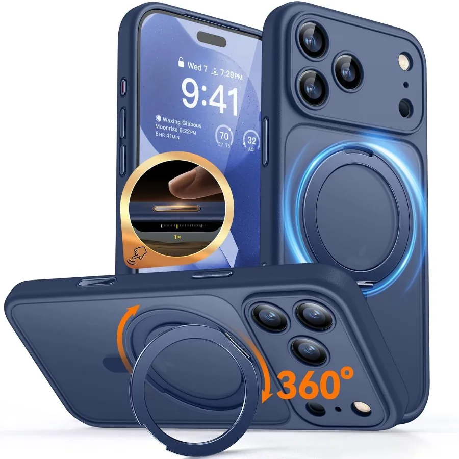 

360 Spin Magnetic Stand for iPhone 17 Pro with Full Camera Protection and Magsafe Compatibility Translucent Matte Shockproof Pr