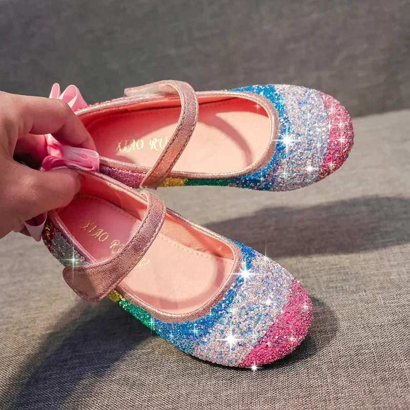 Girl Shoes Spring New Girls Soft Sole Leather Shoes Rainbow Sequins Dress Princess Shoes Kids Shoe Mary Jane Shoe Zapatos Niña