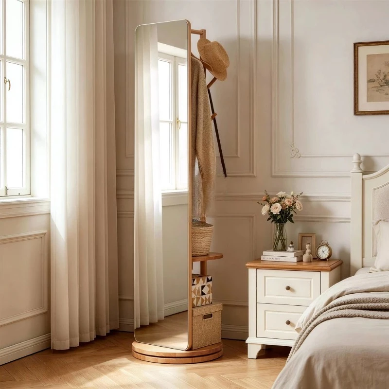 360 ° rotatable full-body mirror with hanger, solid wood vertical full-body mirror, independent fitting mirror hanger