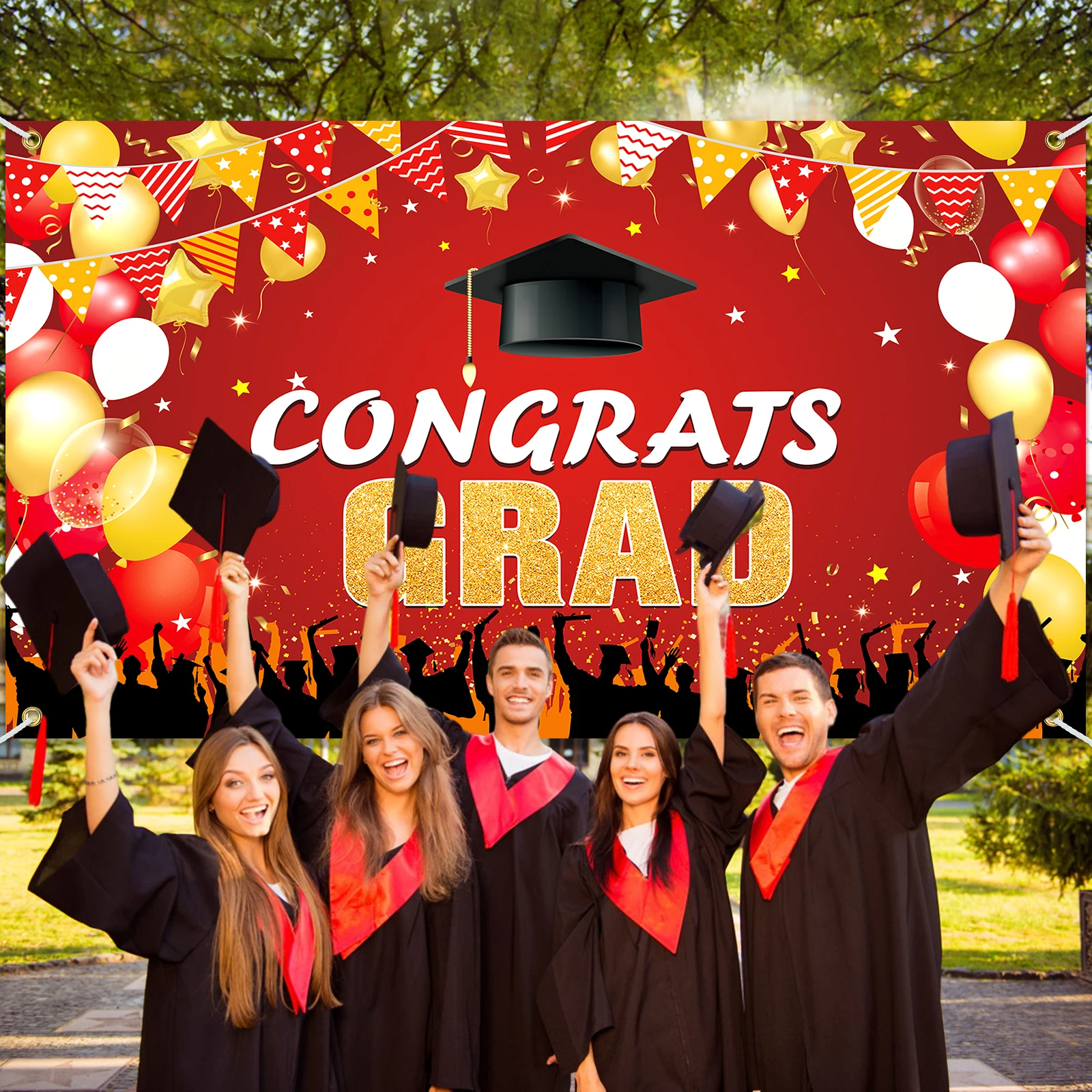 Congrats Grad バナー背景装飾セット 卒業パーティー用品用 ブラックとゴールド 卒業バナー