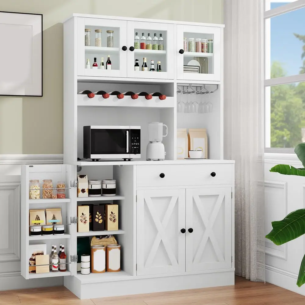 

71H Kitchen Pantry Cabinet, Tall Cabinet with Drawer, Doors, Goblet Holder, Wine Rack amp Power Outlet for Kitchen, Living Room