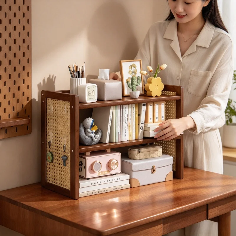 Boho Rattan Pegboard Tabletop Storage Shelf, Multi Height Wooden Desktop Display Rack for Books, Decor & Small Sundries