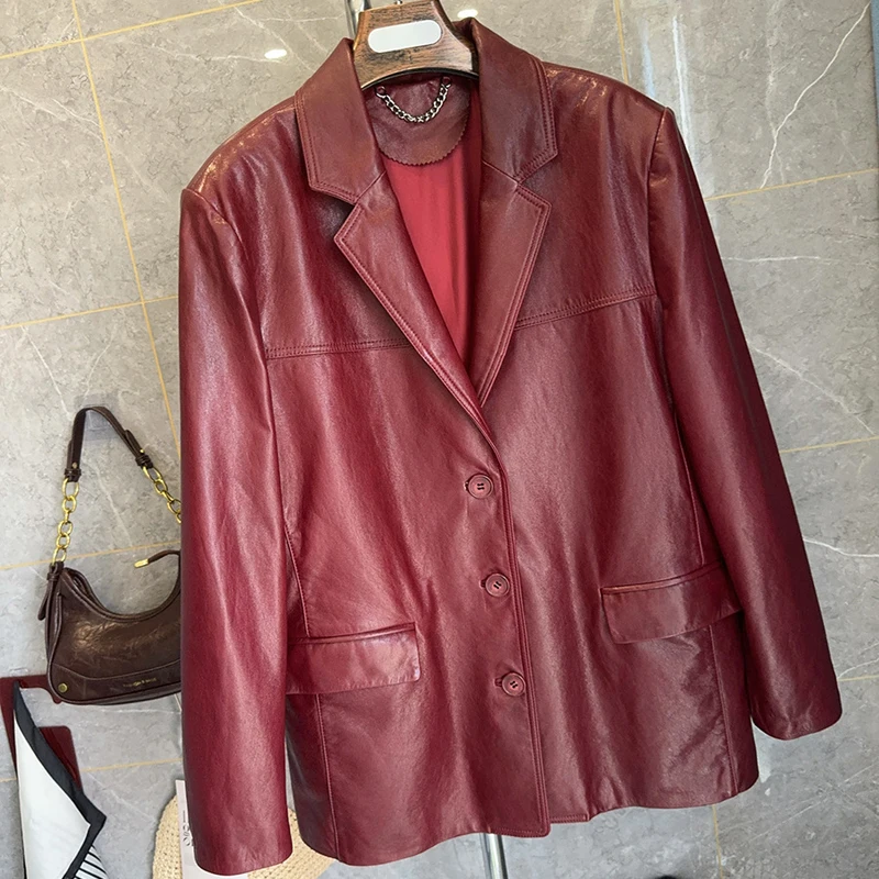 100% Schaffell Frauen Rot Öl Gewachstes Leder Blazer Jacken Hohe Qualität A-ebene Erste Schicht Damen Lose Echt Leder anzug Mäntel