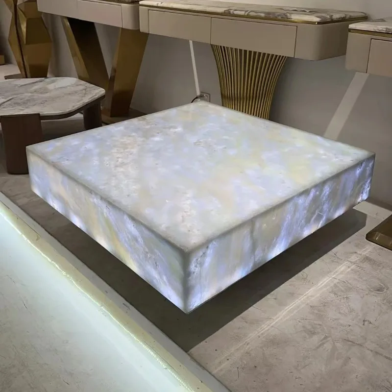 Pub Restaurant 48'' 1200mm Back Lighted Translucent Furniture Square Ice Crack Onyx Luminous Coffee Table Tea Table for Bar