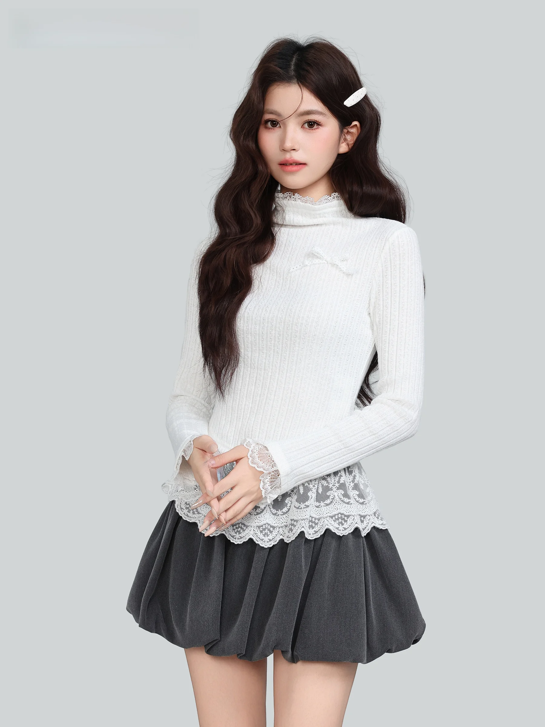 ラ・シャペル-バレエスタイル-長袖tシャツ-レディース-冬-2025-新作-スリムフィット-レーススプライス-インナーウェア-美しいトップス