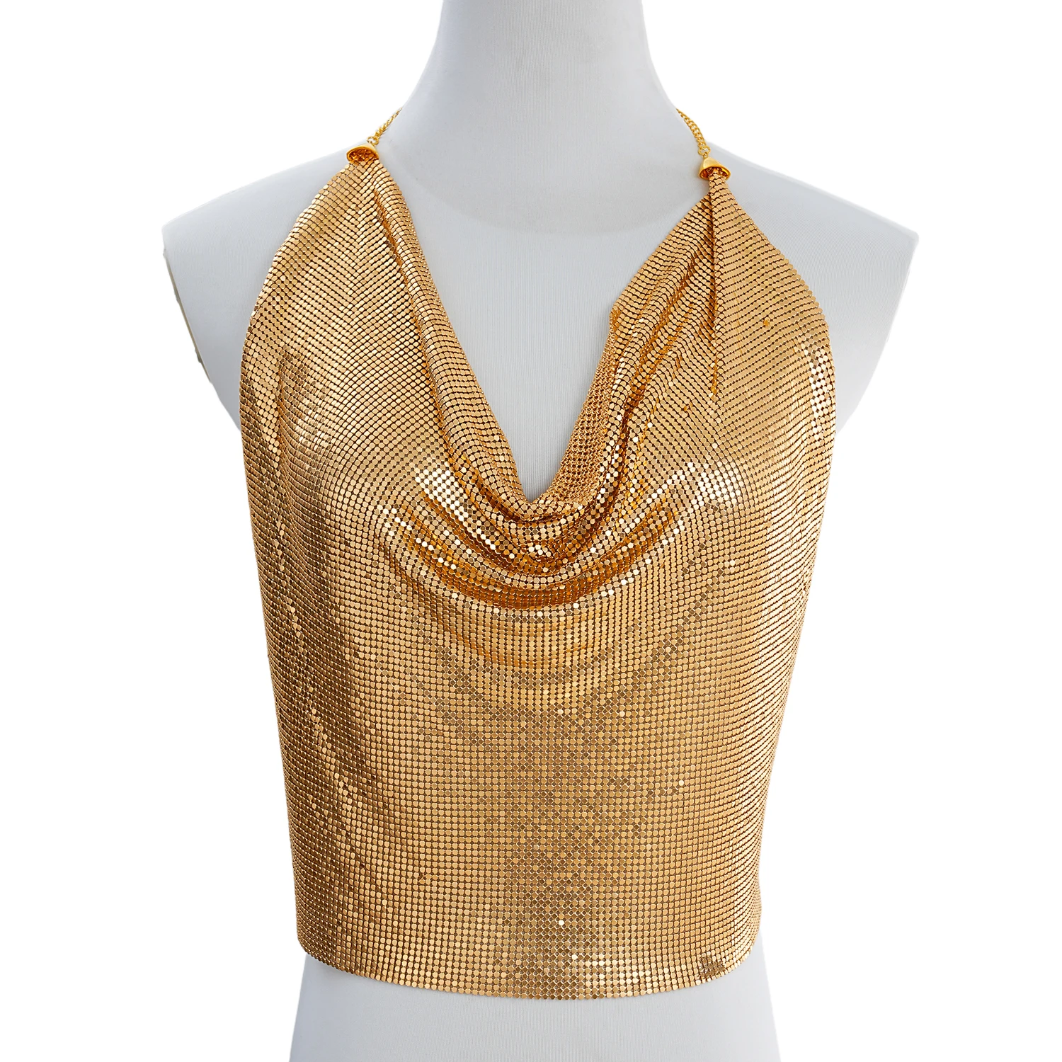 Women's Metallic Mesh Halter Crop Top, V Neck Backless Cami with Chain Strap, Sparkly Glitter Sleeveless Tank Rave Festival