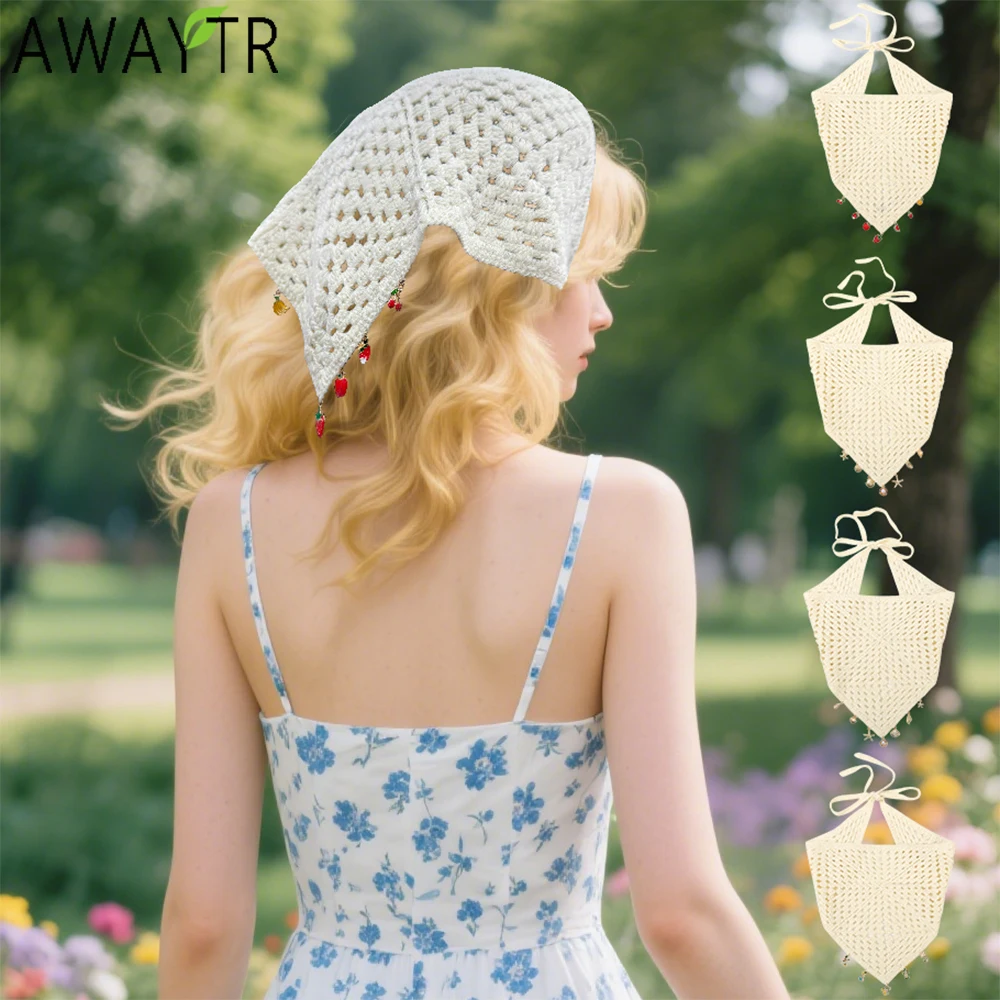 

AWAYTR Hollow knitted Triangle Headband Alloy Pendant Hair Scarf Bands for Women Party Headwear Spring Turban Hairband Headpiece