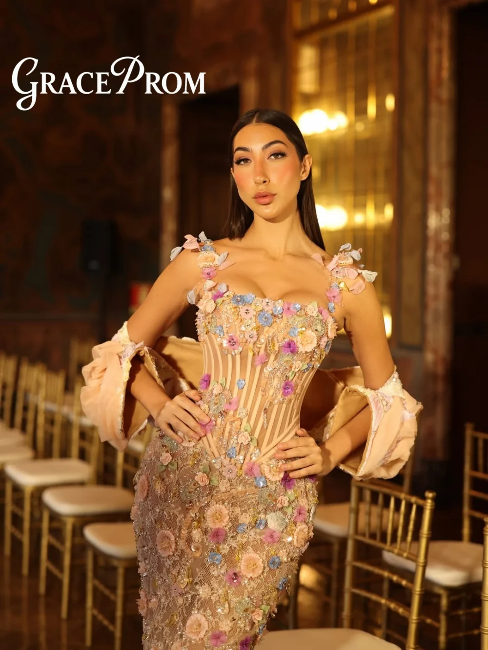

GraceProm Spaghetti Strap 3D Floral Applique Evening Dress 2026 Sweet Beaded Gown Elegant Floor-Length Prom Gown Robes De Soirée