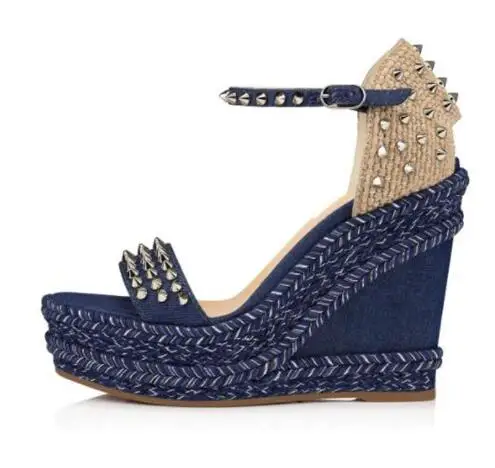 

Moraima Snc Fashion Denim Blue Platform Wedge Sandals Summer Rivets Studded Ankle Strap Shoes Runway Dress Shoes