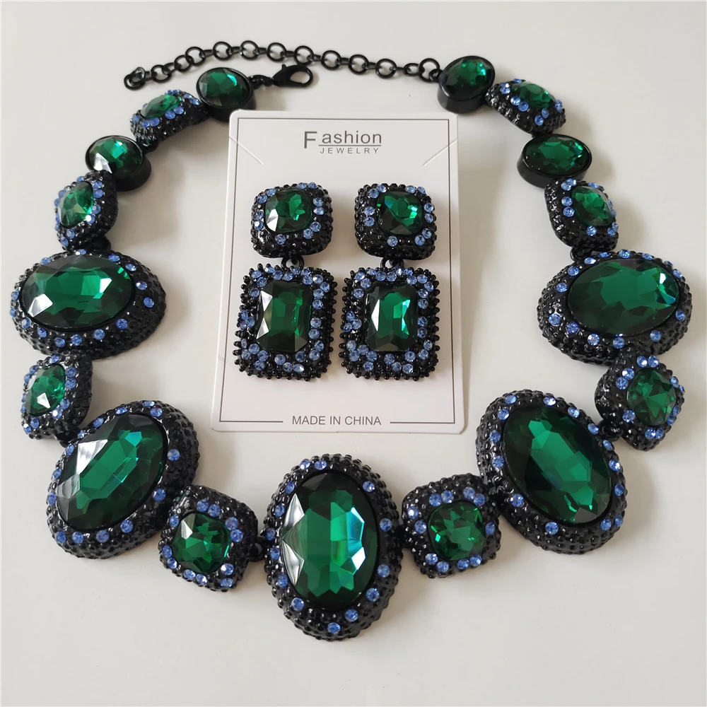 Fashion Big Red Green Crystal Rhinestone Necklace Earrings Women Jewelry Sets Indian Statement Oval Square Metal Choker Necklace