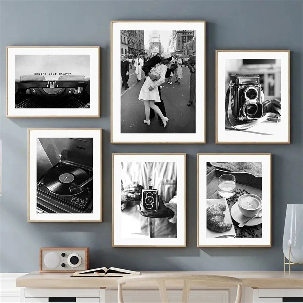 No Framed Printing Picture Black And White Vinyl Record Camera Wall Art Canvas Painting Vintage Typewriter Phonograph Posters