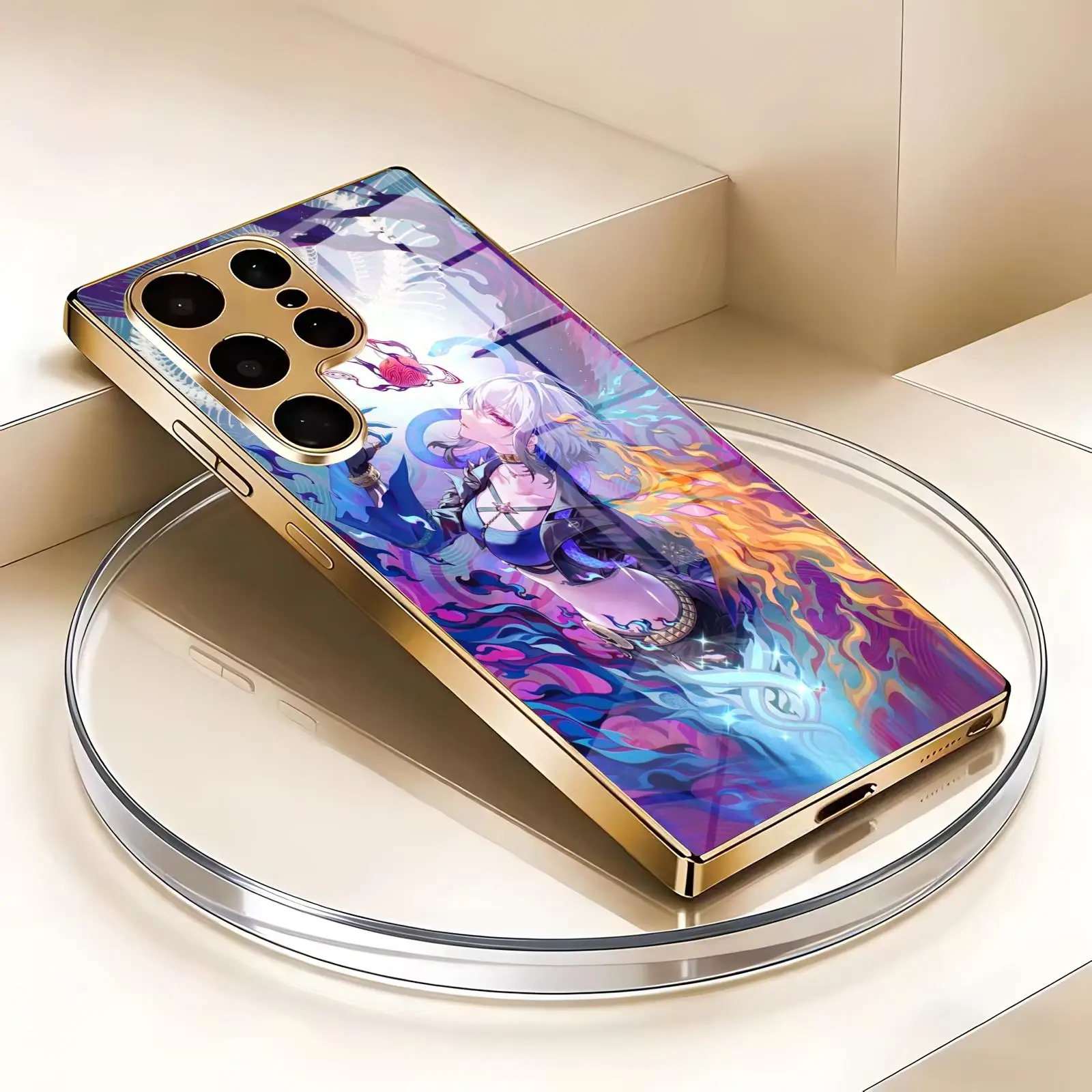 Phone Case For Samsung S26 S25 S24 S23 S22 S21 Plus Ultra Note20 Electroplated glass Phone Case Wuthering Waves Galbrena