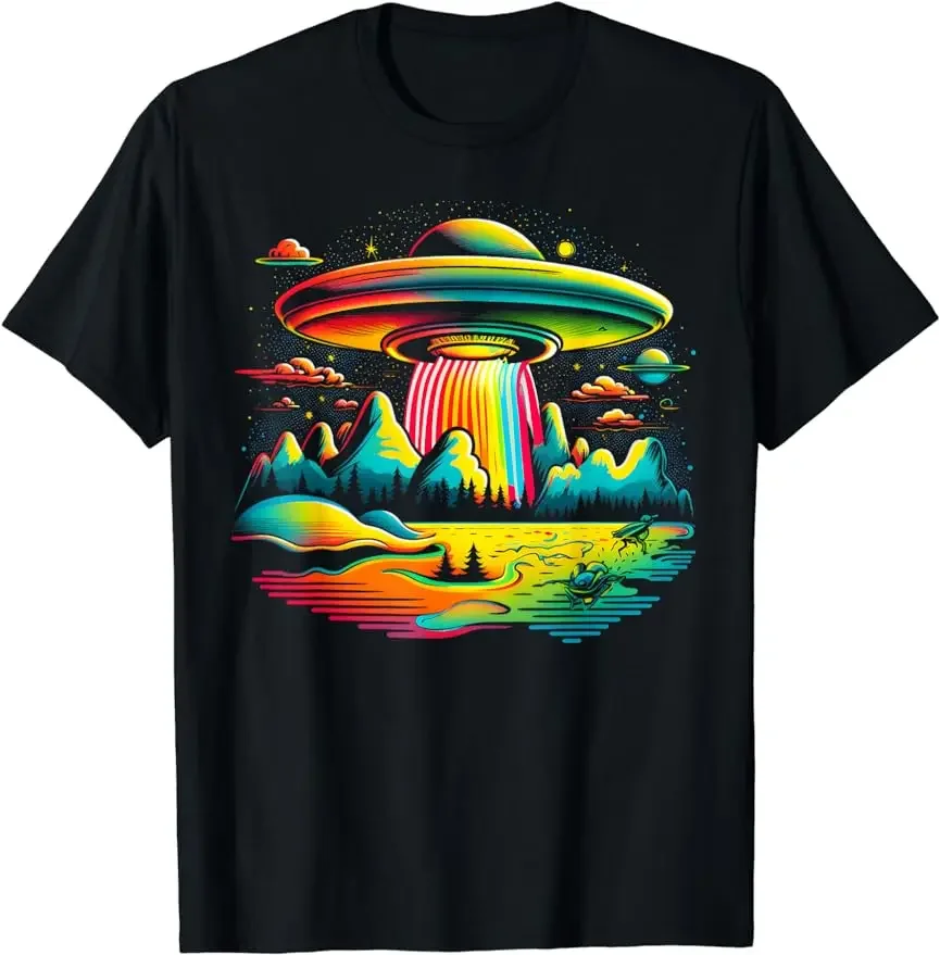 Men Clothing Tee Ropa Mujer Vintage Clothes Men T Shirt UFO Alien Retro Bright Mountain Lake Camping Visitor T-Shirt harajuku