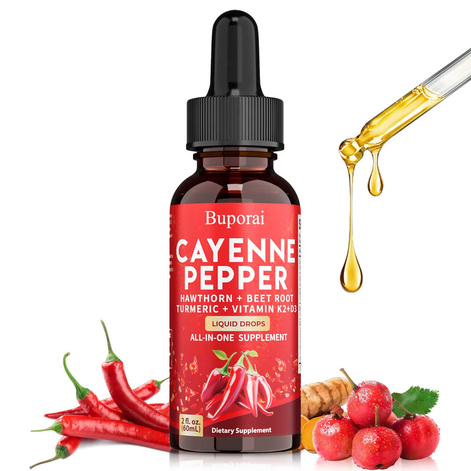 

60ml Cayenne Pepper Drops - with Hawthorn Berry, Improve Digestion, Support Blood Circulation and Increase Physical Vitality