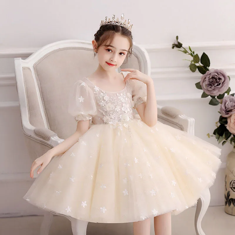Vintage Off The Shoulder Flower Girl Dress Tulle Princess Dress - Lace Short Sleeve Evening Gown for Formal Special Occasions