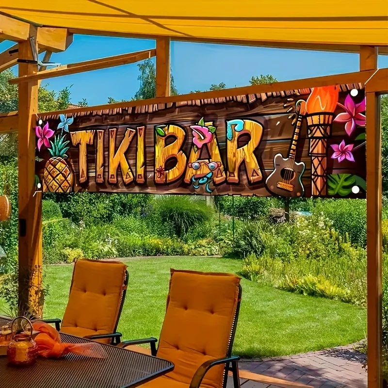 Tiki Bar Banner Tropical Hawaiian Beach Theme Party Decorations Vinyl Background for Garden Yard Indoor Outdoor Hanging Sign