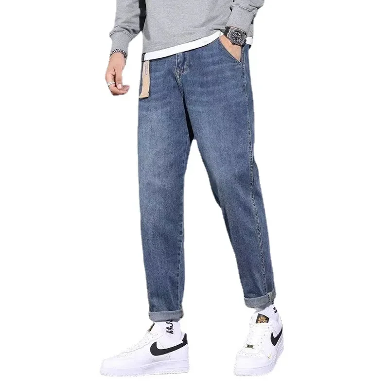 ジーンズ男性ハーレムパンツストレッチミッドウエストユーズド加工ウォッシュポケットストリートストレート足首丈ズボン基本デニム 2025