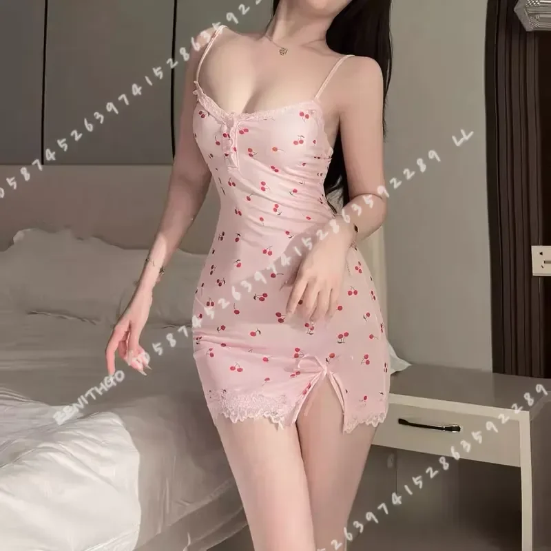 Trendy Pink Cherry Print Dress Women Cute Fitted Mini Nightgown Lace Trim Spaghetti Strap Summer Style New Fashion Hot