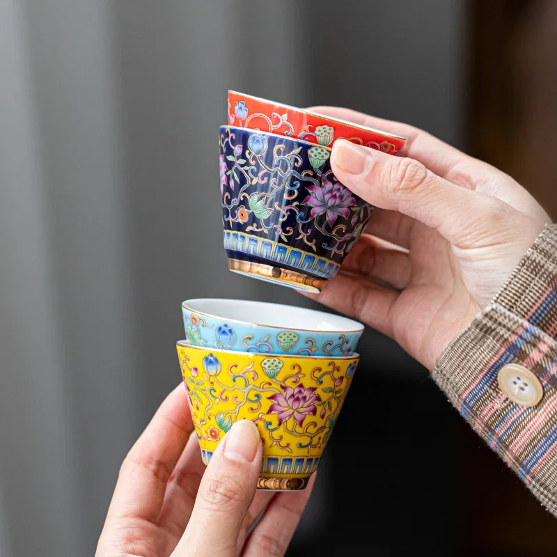 Roasted Flower Kung Fu Teacup Golden Palace Style Single Character Teacup Enamel Set Ceramic Set