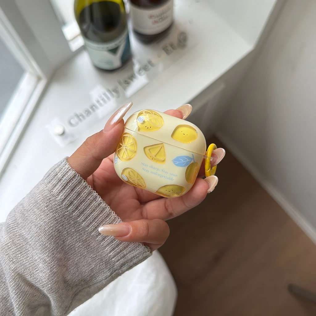 Fresh Summer Cartoon Yellow Lemon Print Glossy With Pendant Shock Proof Earphone Cover Case for AirPods 1 or 2 3 4 5 Pro 2 Pro 3