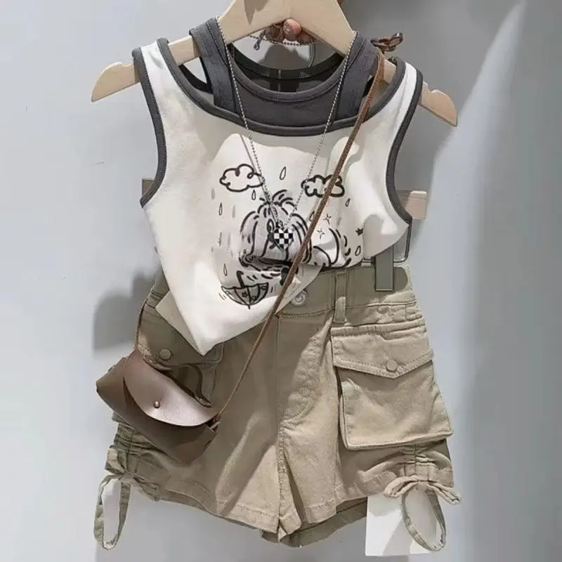 Girls' Summer Set New 2025 Western Style Two piece Set Korean Edition Fake Two piece Top Fashionable Children's Shorts