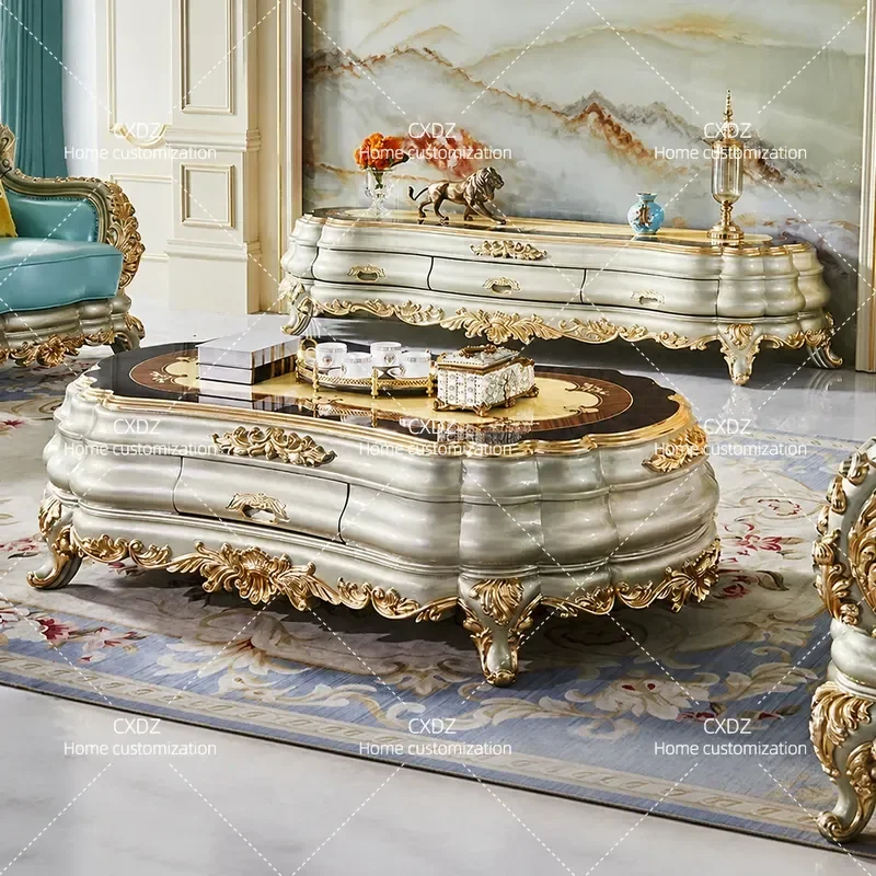European full solid wood carving flower coffee table TV cabinet combination champagne gold American villa living room