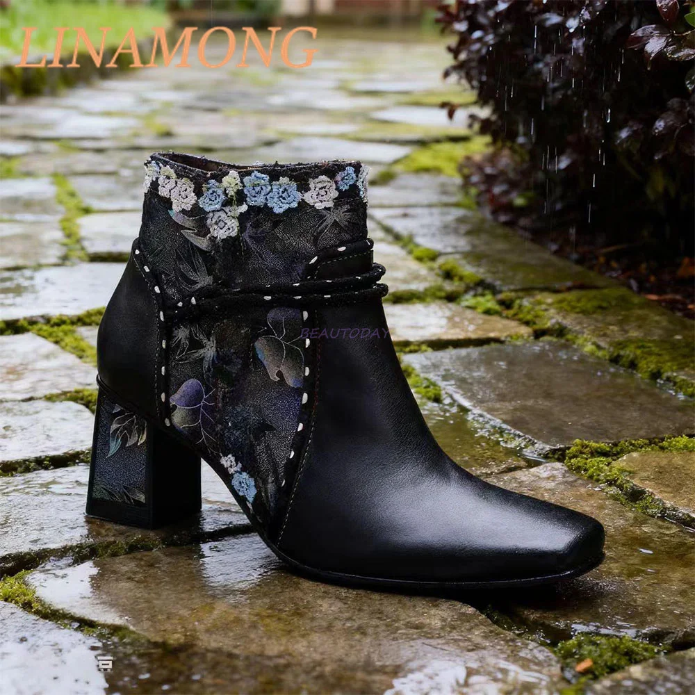 

Weaving Flower High Heels Fashionable Fabric Leather Splicing Side Zipper Design Printed Square Toe Retro Thick Heel Short Boots