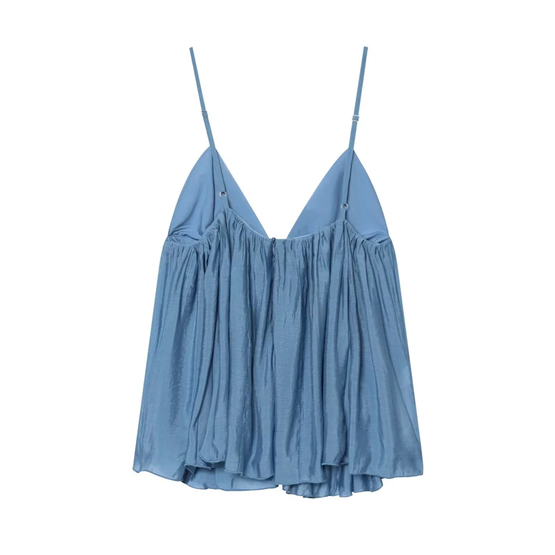 KEYANKETIAN 2026 Coquette Chic Wrinkle Satin Sleeveless Tank Loose Deep Plunge Neck Gathered Flowy Ruffle Hem Design Top Vest