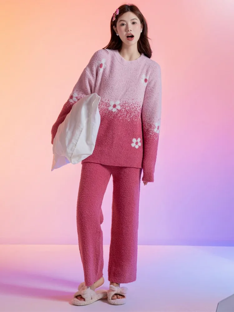 [TXii Advanced Sense]soft half-side velvet pajamas women's autumn and winter warm coral velvet sweet gradient home clothing