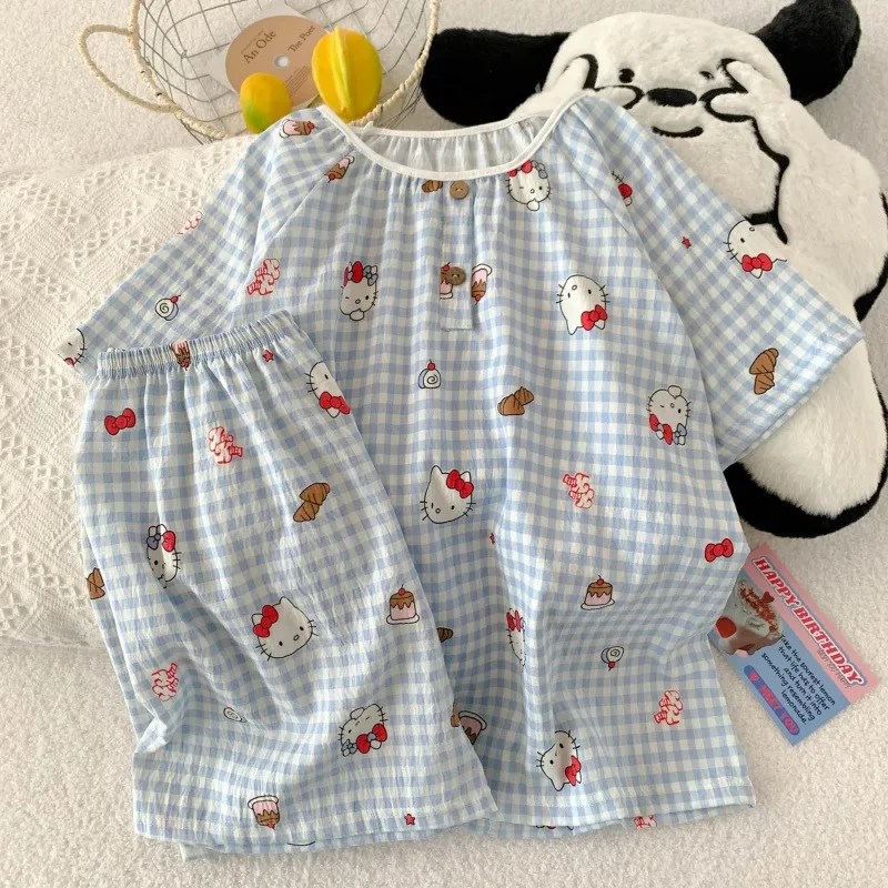 

High Quality Summer Women Pajamas Suit Anime Hello Kitty PatternBigShort Sleeve Tops Shorts Homewear Sweet Cute Set Girl's Gift