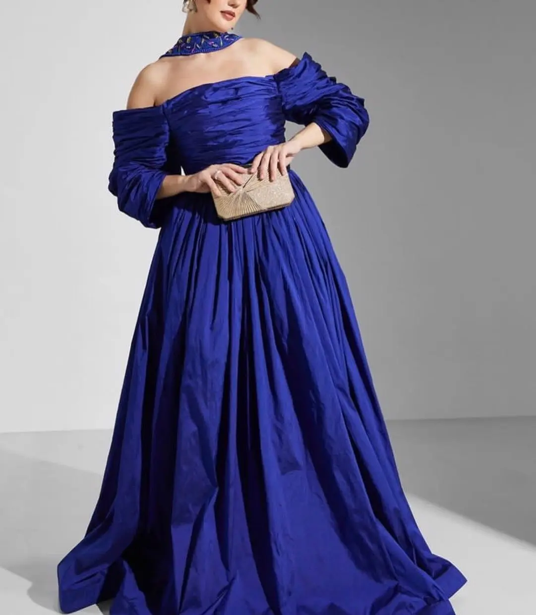 

Customized Classic Jersey A-Line Off the Shoulder Ribbons Evening Dress Strapless Zipper Back 3/4 Sleeves Panel Train Delicate