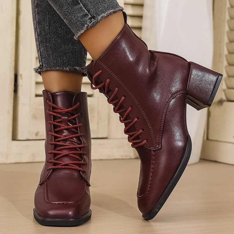New All-Match Thick Heel Boots for Women British Style Square Toe Lace Up Boots Woman Comfortable Mid-Heel Plus Size Botsa Lady