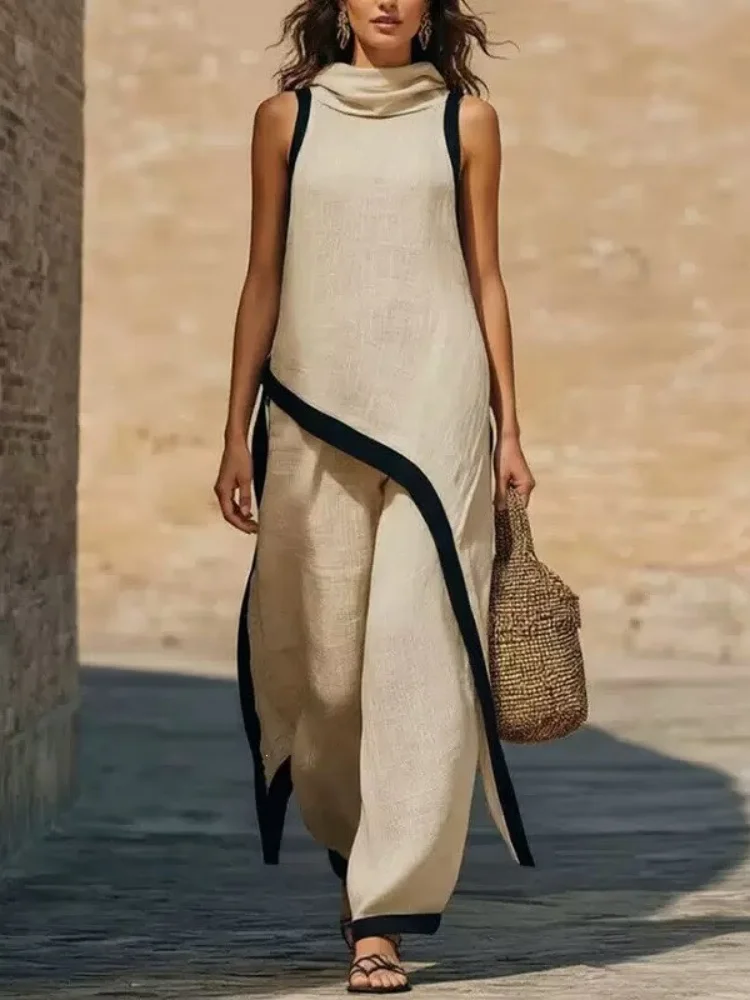 

Women's Linen Irregular Contrast Color Sleeveless Asymmetrical Top & Loose Wide Leg Pants Two-piece Set Casual Fashion Patchwork