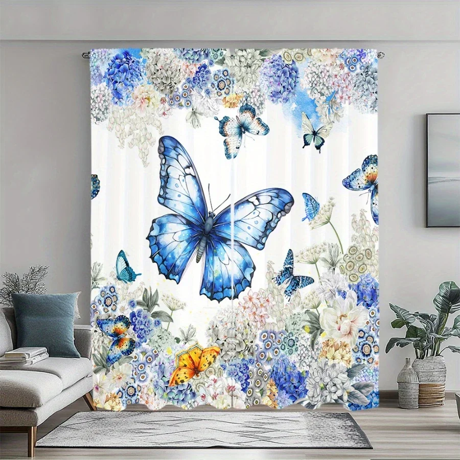 Digital Printed Curtains, Hydrangea Blue Butterfly Pattern, Stylish Window Treatment for Living Room Bedroom Decor