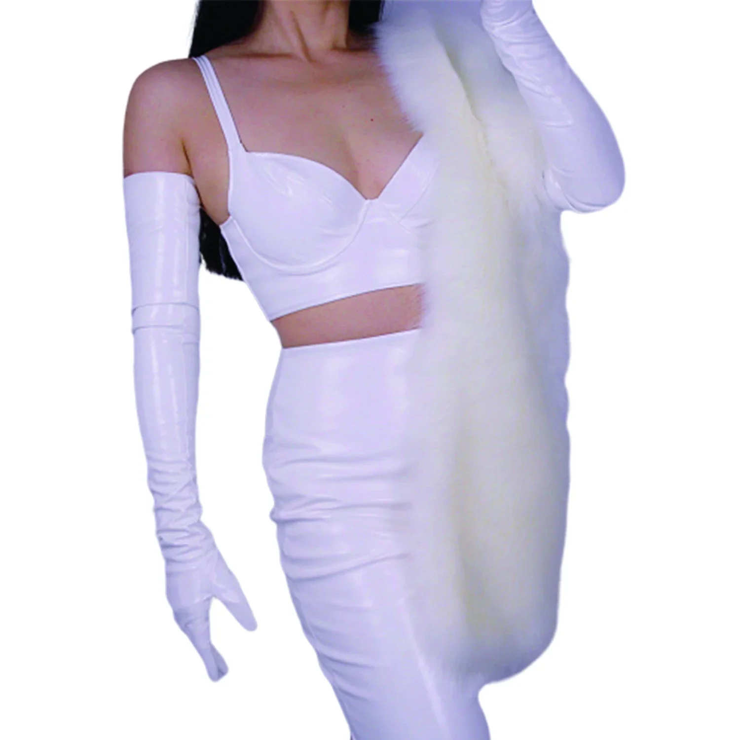 DooWay Women's White Latex Gloves Faux Patent Leather Shine Wet look Slim 70cm Long Nightclub Wedding Party Opera Evening Glove