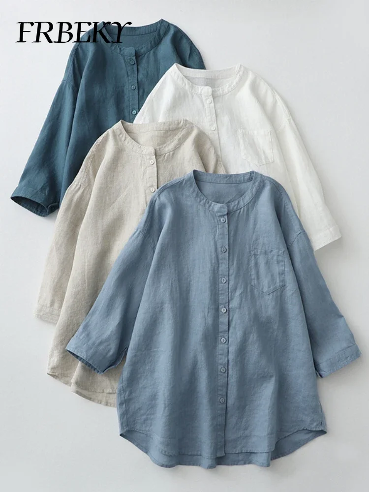 Summer Cotton Linen Solid Color Shirt Stand-up Collar Seven-minute Sleeve Loose Japanese Women\'s Blouse Oversized Vintage Blouse