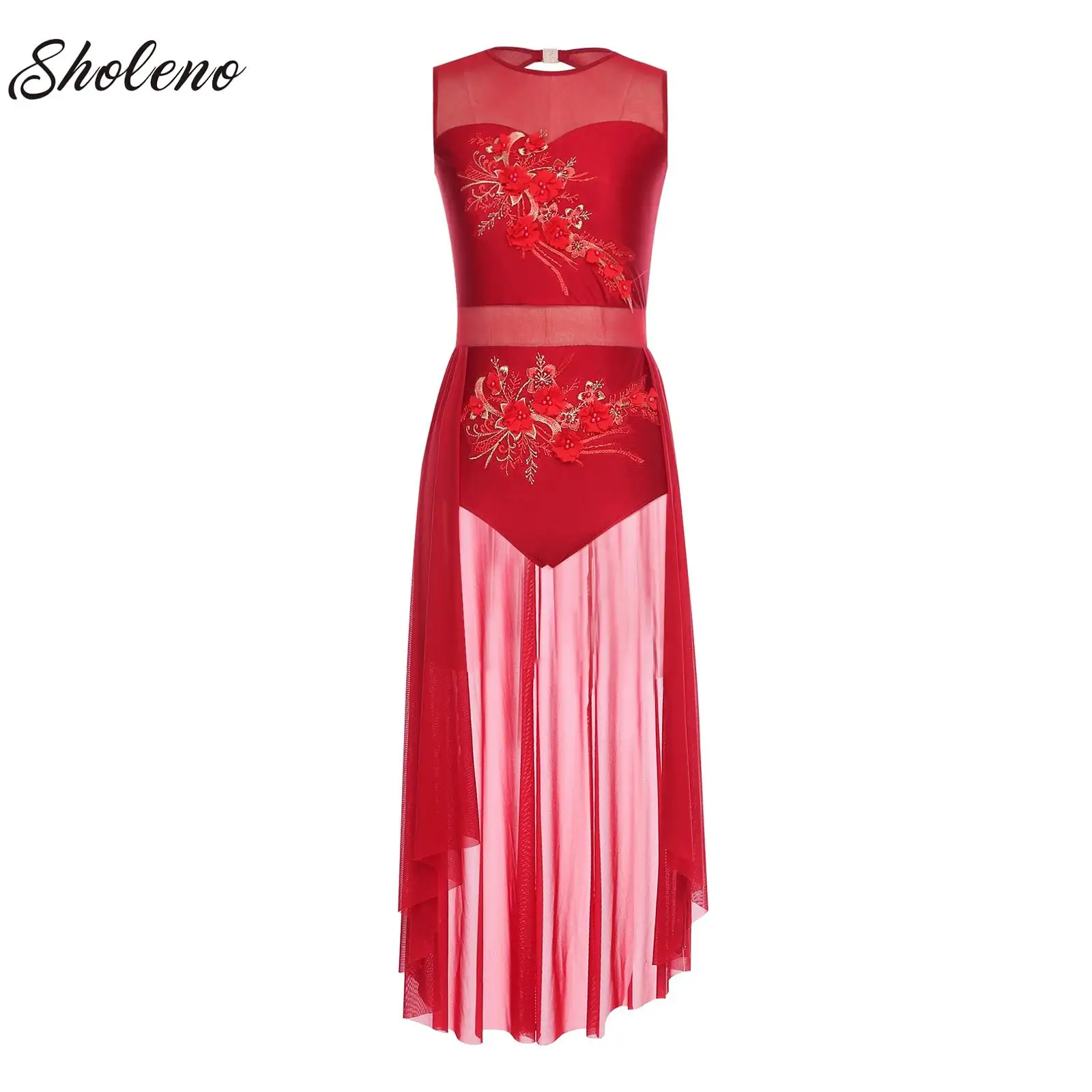 

Modern Dance Stage Performance Dress Women Female Applique Flower Embroidery Dance Leotard Contemporary Flowing Dress Costume