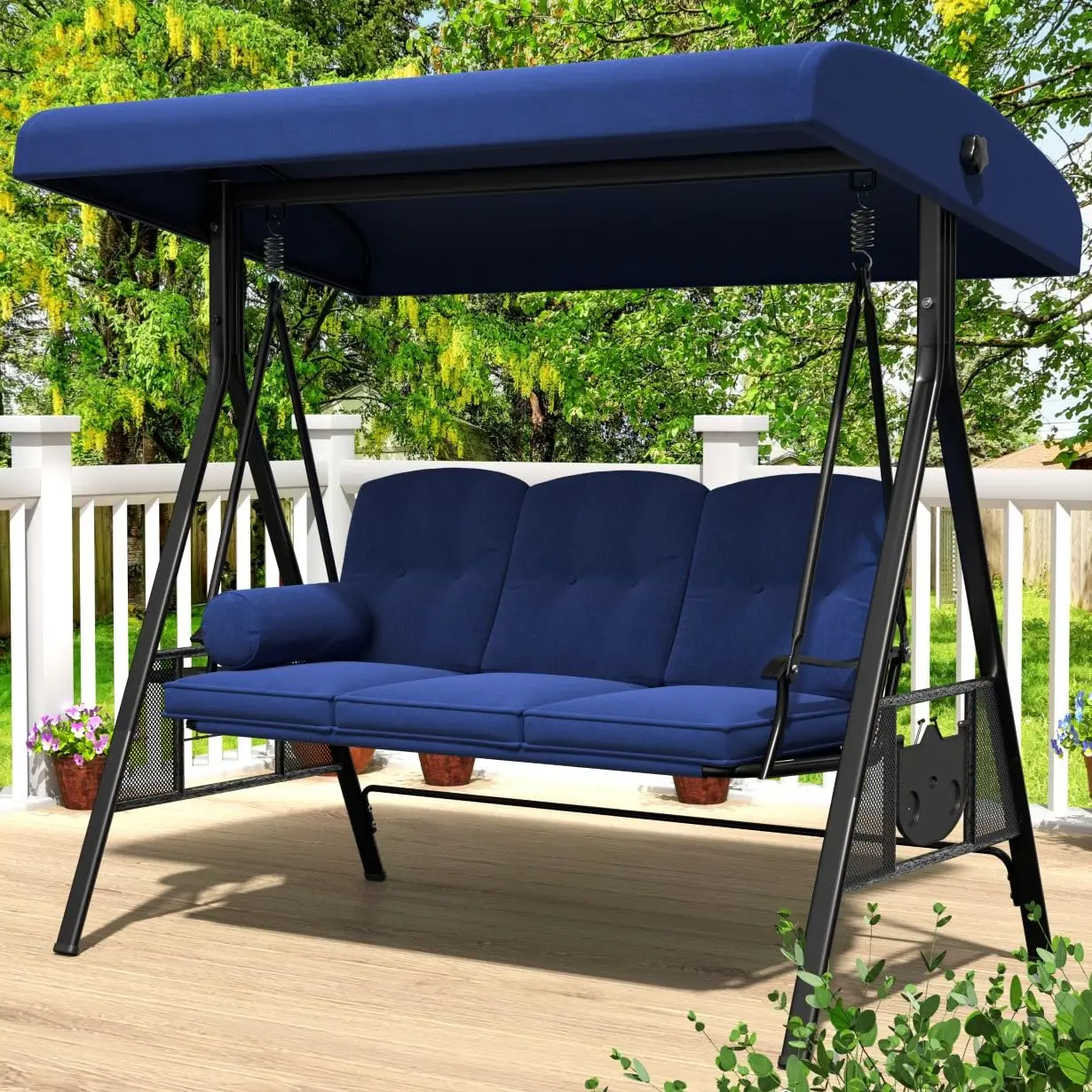 Outdoor Porch Swing 3-Seat With Adjustable Canopy Dark Blue Removable Cushions For Backyard Garden Yard Poolside Balcony