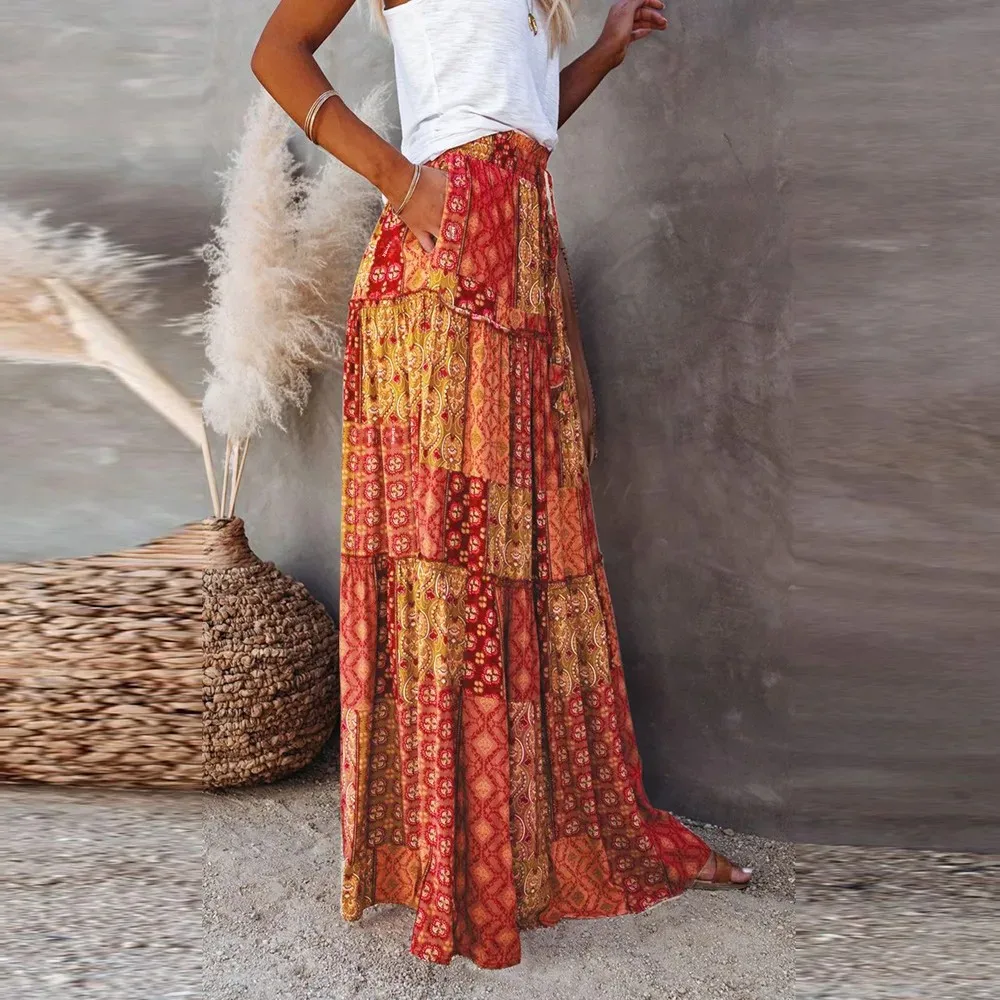 2023 Amazon Nueva falda de estilo bohemio Vestido largo informal de cintura alta Fabricante Suministro directo Moda europea holgada